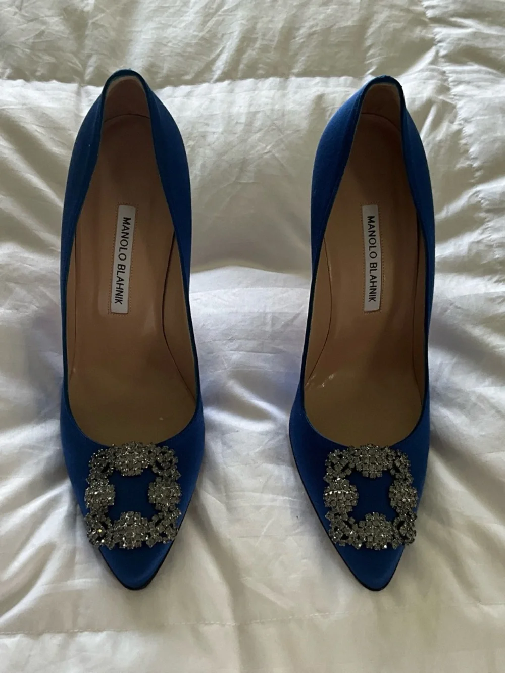 Manolo Blahnik Royal Blue Satin Pointed-Toe Crystal Buckle Pumps